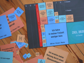 Das deutschsprachige Klima Puzzle liegt mit Optionen für nachhaltige Lebensstile auf einem Holztisch aus
